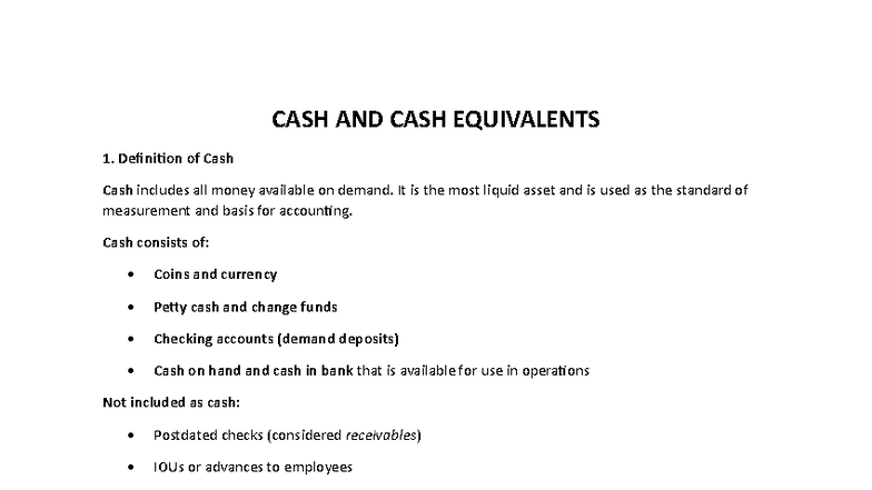 CASH AND CASH EQUIVALENTS: Definitions and Classifications - Studocu
