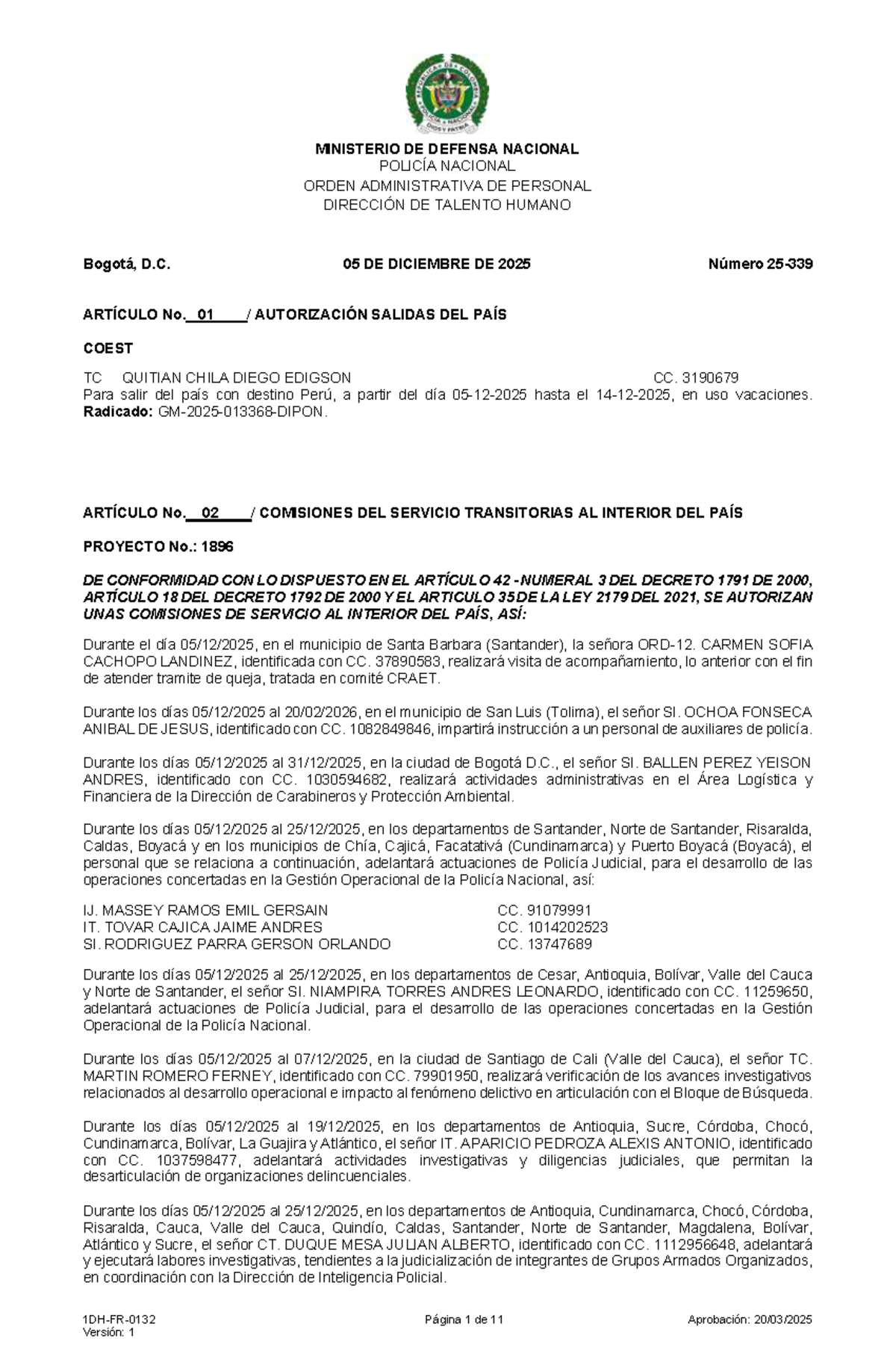 Orden Administrativa de Personal OAP 25-339 - Comisiones y ...