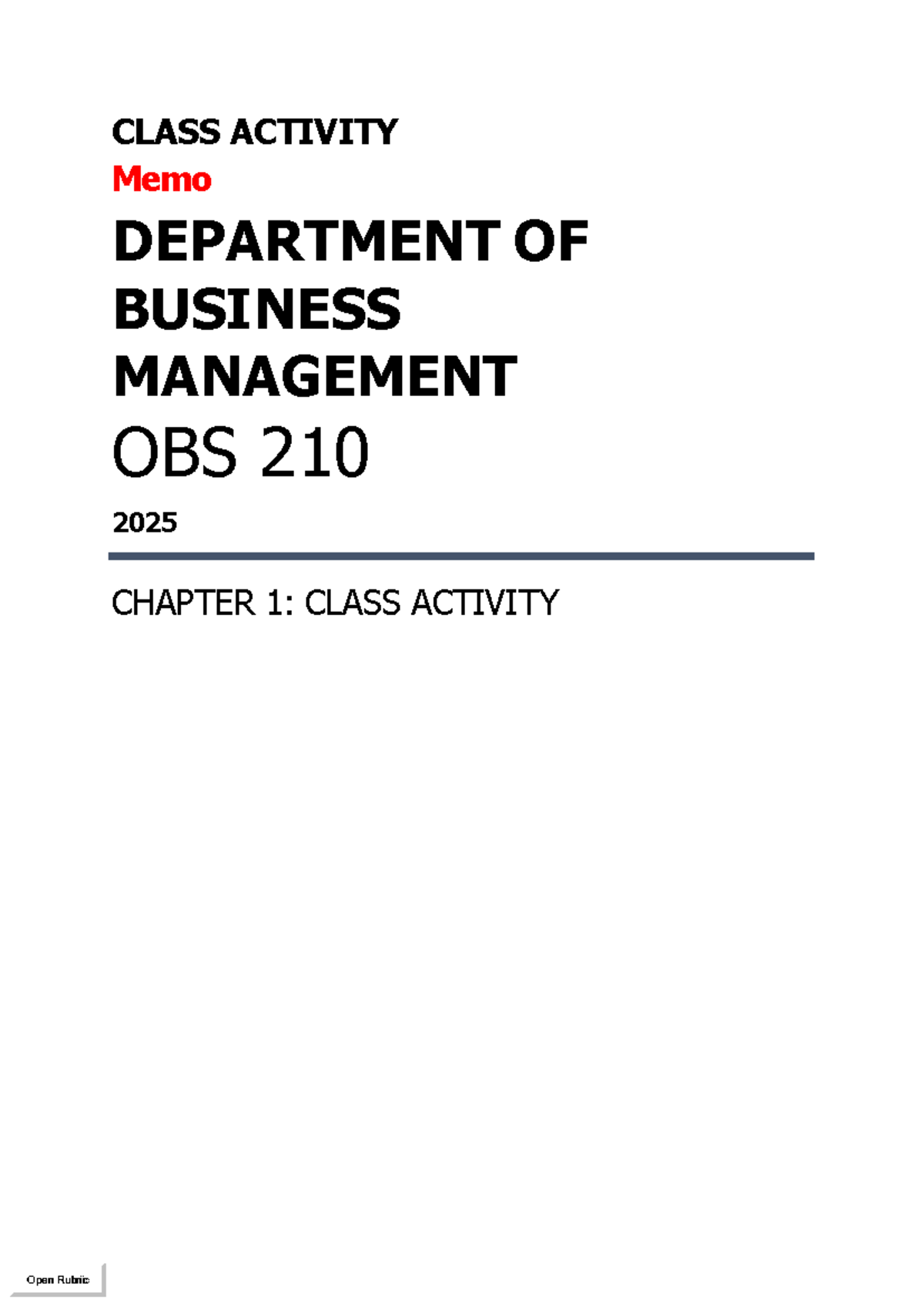 Chapter 1 Class activity mem pp - CLASS ACTIVITY Memo DEPARTMENT OF ...