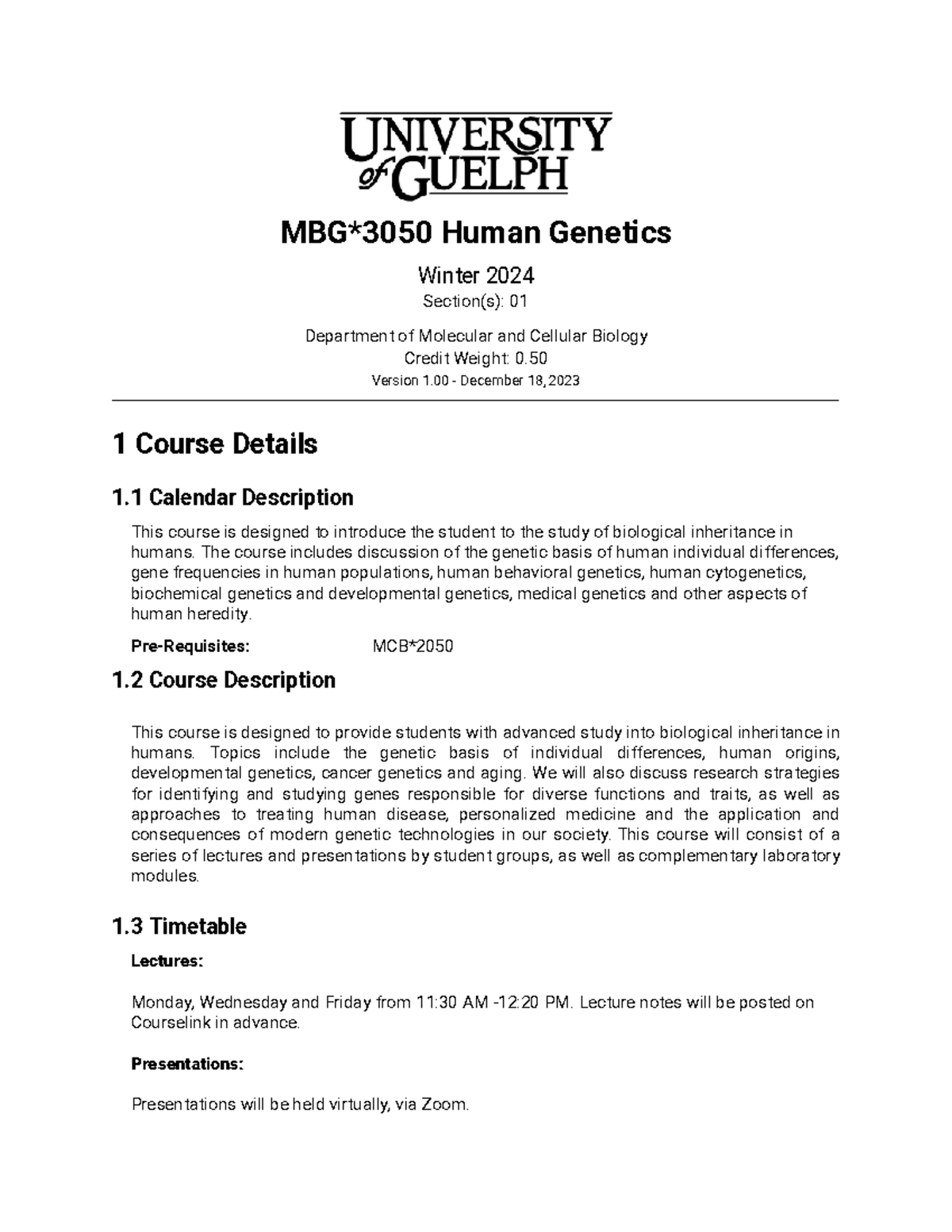 MBG3050 Human Genetics Course Outline - Winter 2024 - Studocu