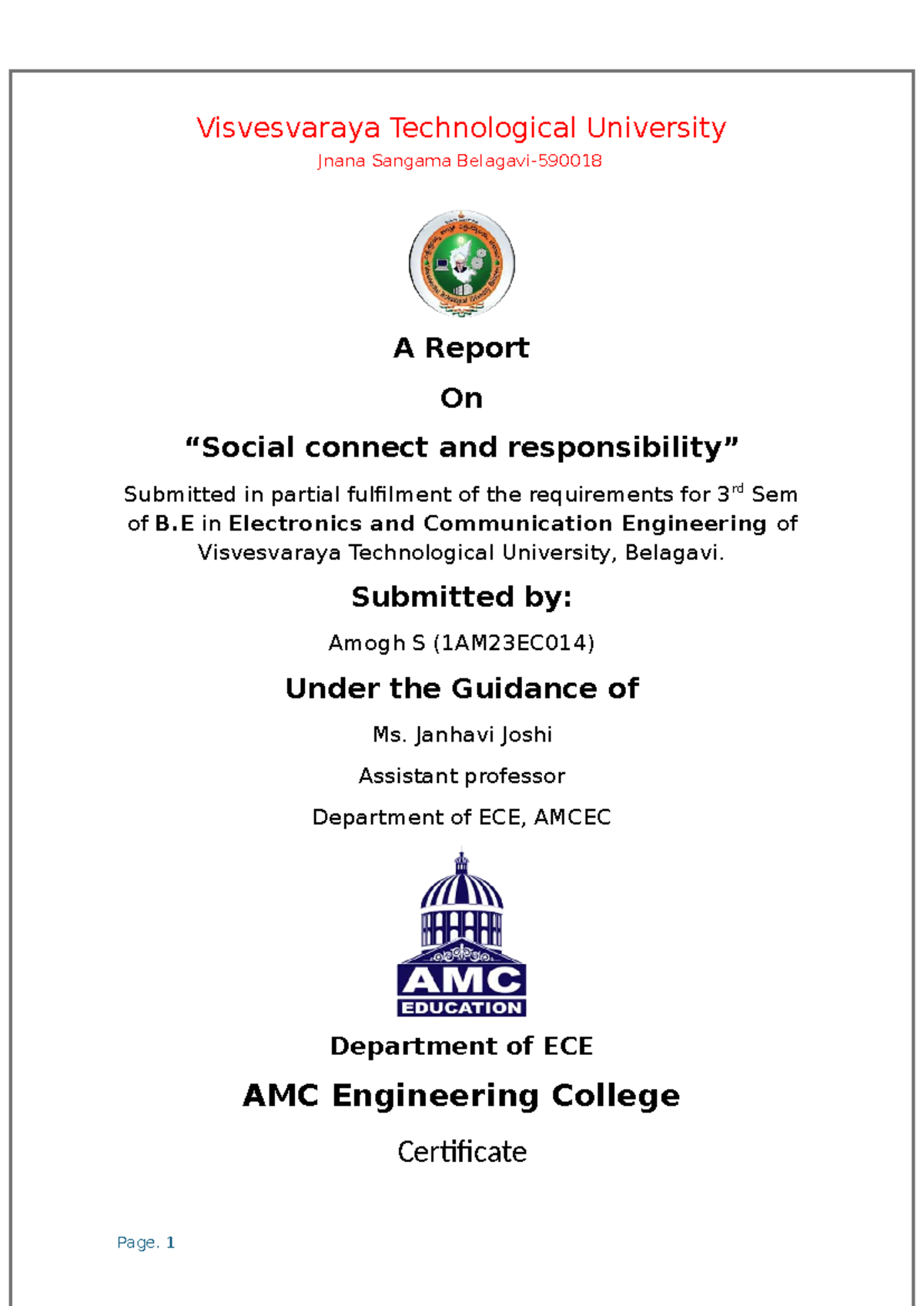 Report on Social Connect and Responsibility Activities (SCR) - 3rd Sem ...