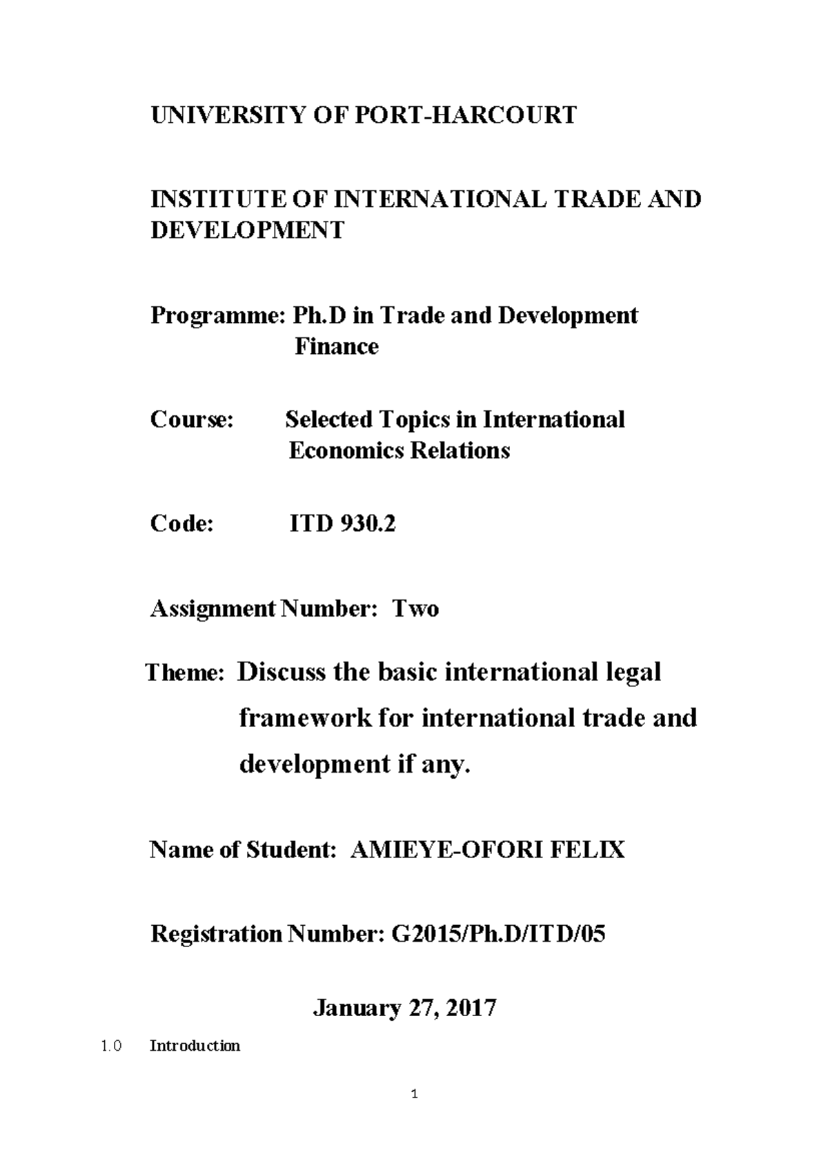 International Economics Assignment ITD 930.2: Legal Framework for Trade ...