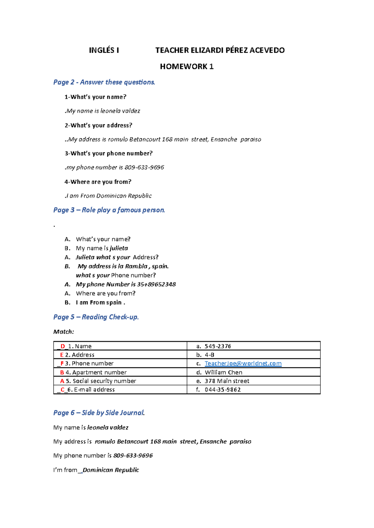 Inglés I - Homework 1 Responses by Leonela Valdez (IDA00146697) - Studocu