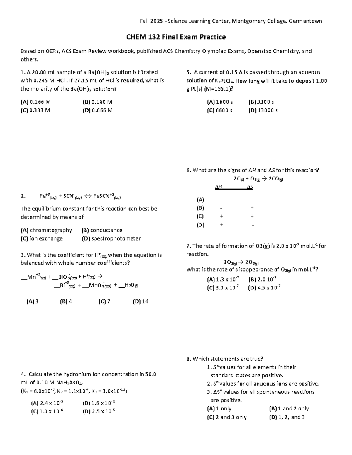 CHEM 132 Fall 2025 Final Exam Review: Practice Questions - Studocu