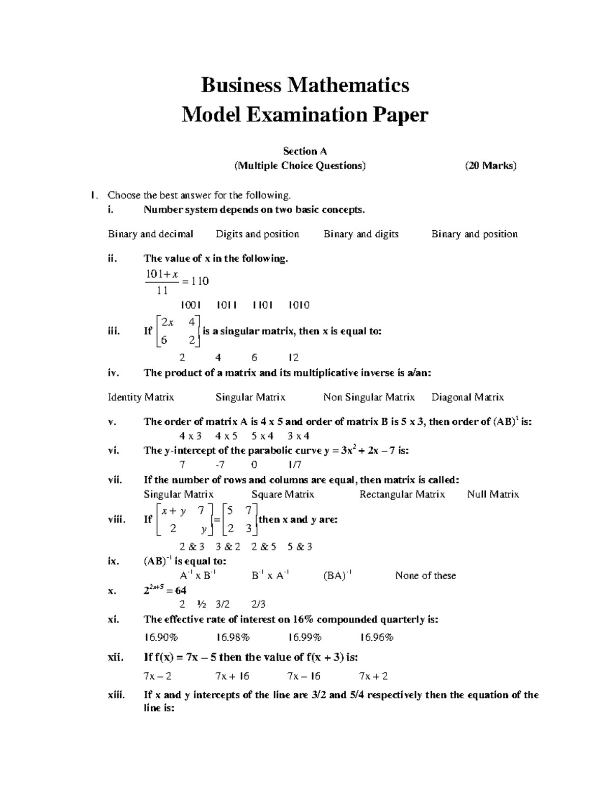 Business Mathematics - Model Paper - Business Mathematics Model ...