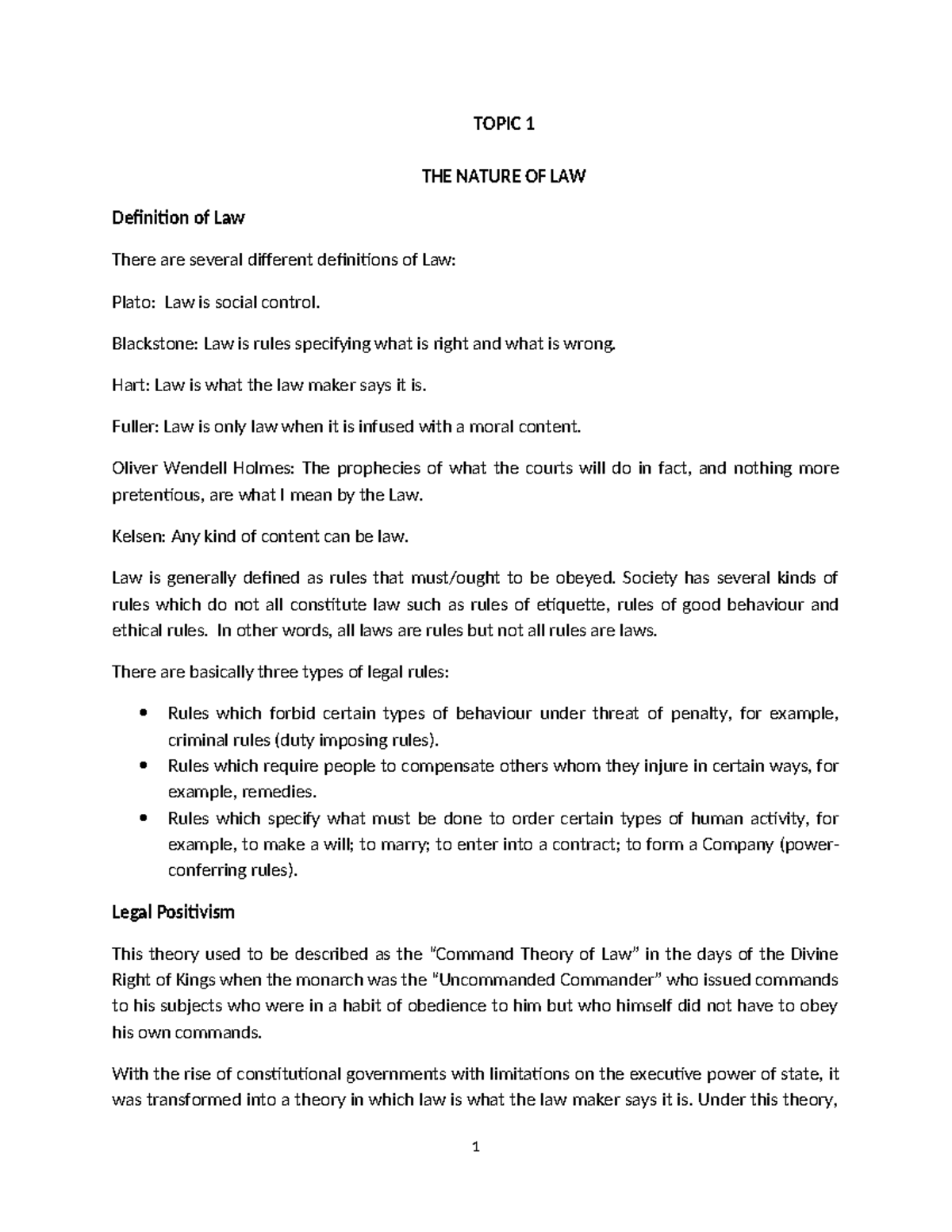 Legal Method - Topic 1 Lecture Notes on Law Definitions and Theories ...