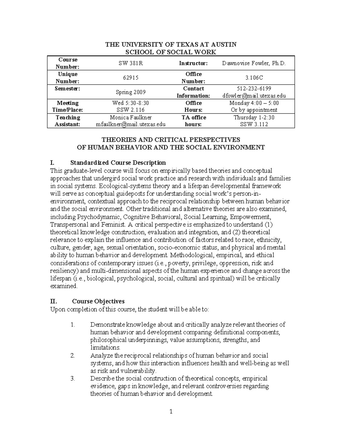 SW 381R 62915 Human Behavior & Social Environment - Spring 2009 - Studocu