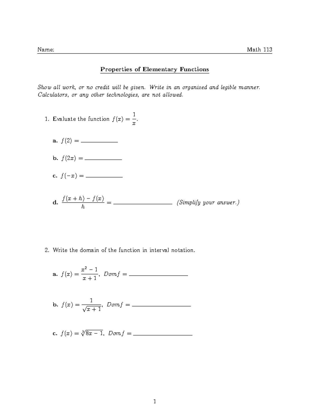 Math 113 - Worksheet 1 - Algebra Review (1 - Properties of Elementary ...
