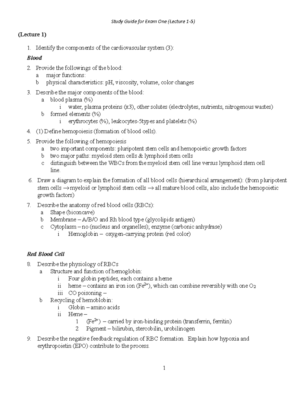 Study Guide for Exam 1: Cardiovascular System (Lectures 1-5) - Studocu