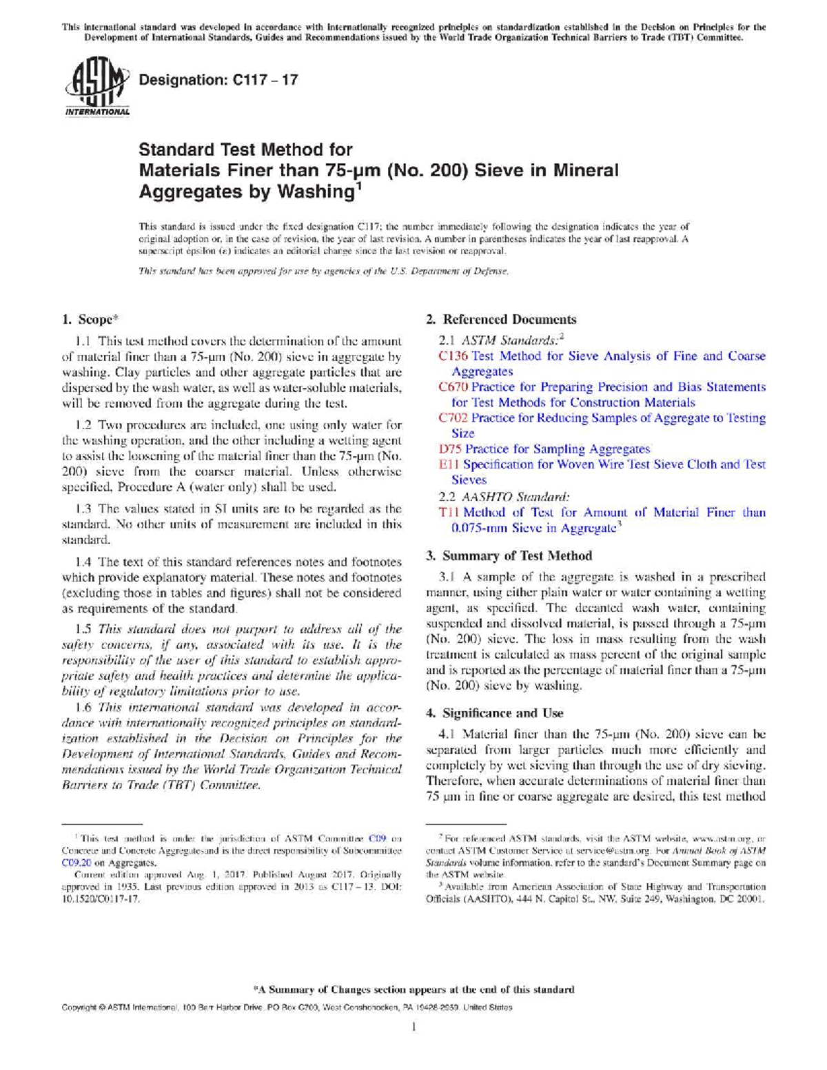 ASTM C117-17 Standard Test Method for Materials Finer than No. 200 ...