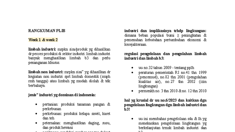 Rangkuman PLIB Week 1-7: Pengelolaan Limbah Industri dan B3 - Studocu