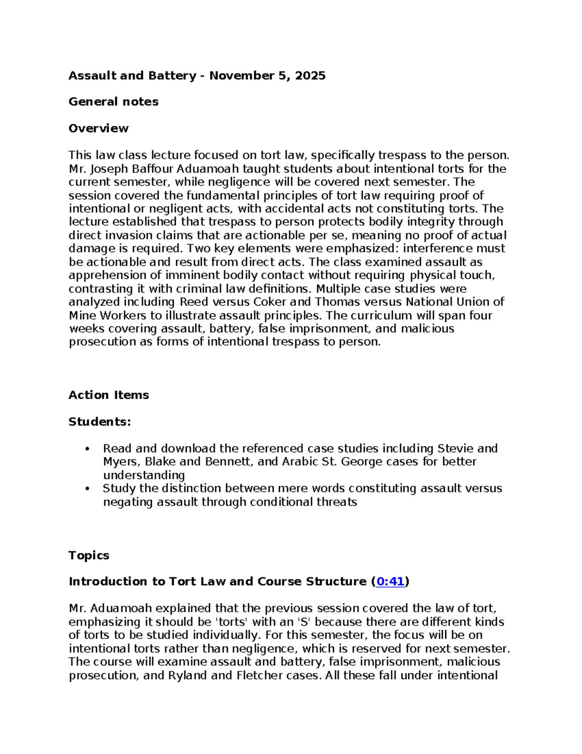 Assault and Battery - Torts Law Lecture 2 Notes (Nov 5, 2025) - Studocu