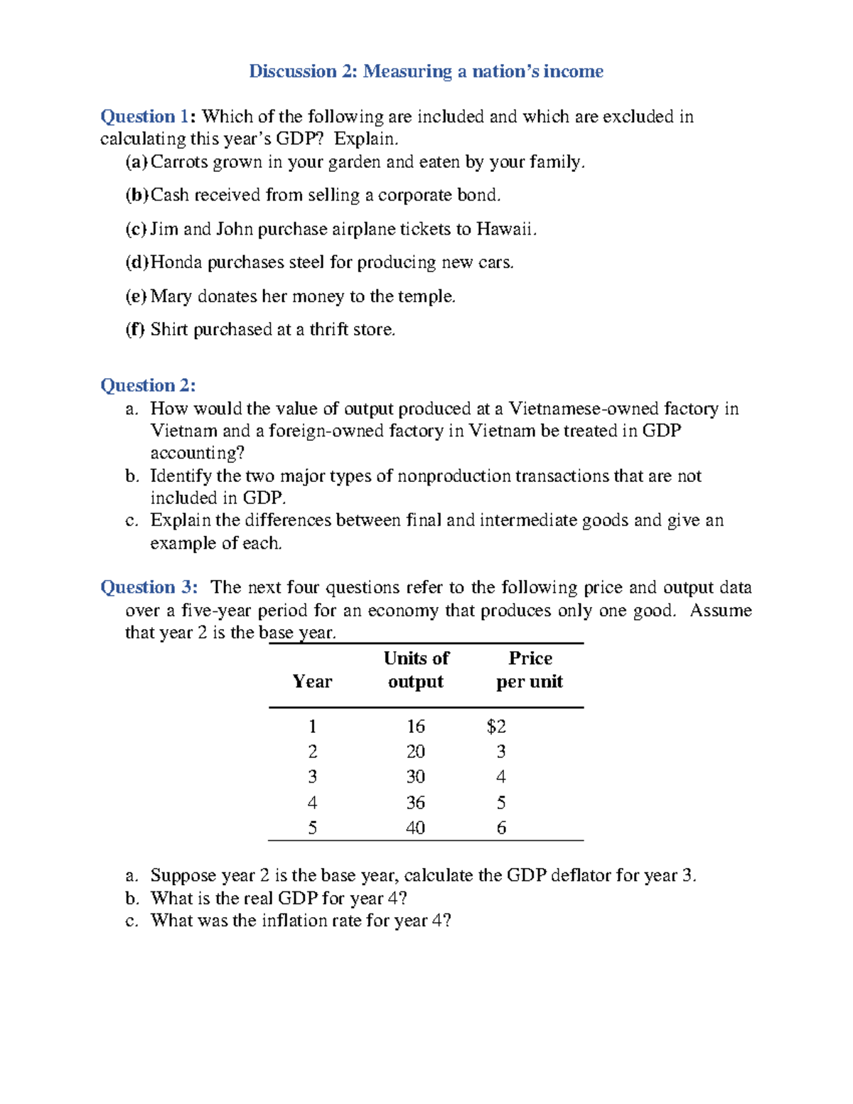 ECON 101: Discussion 2 - Measuring National Income and GDP Analysis ...