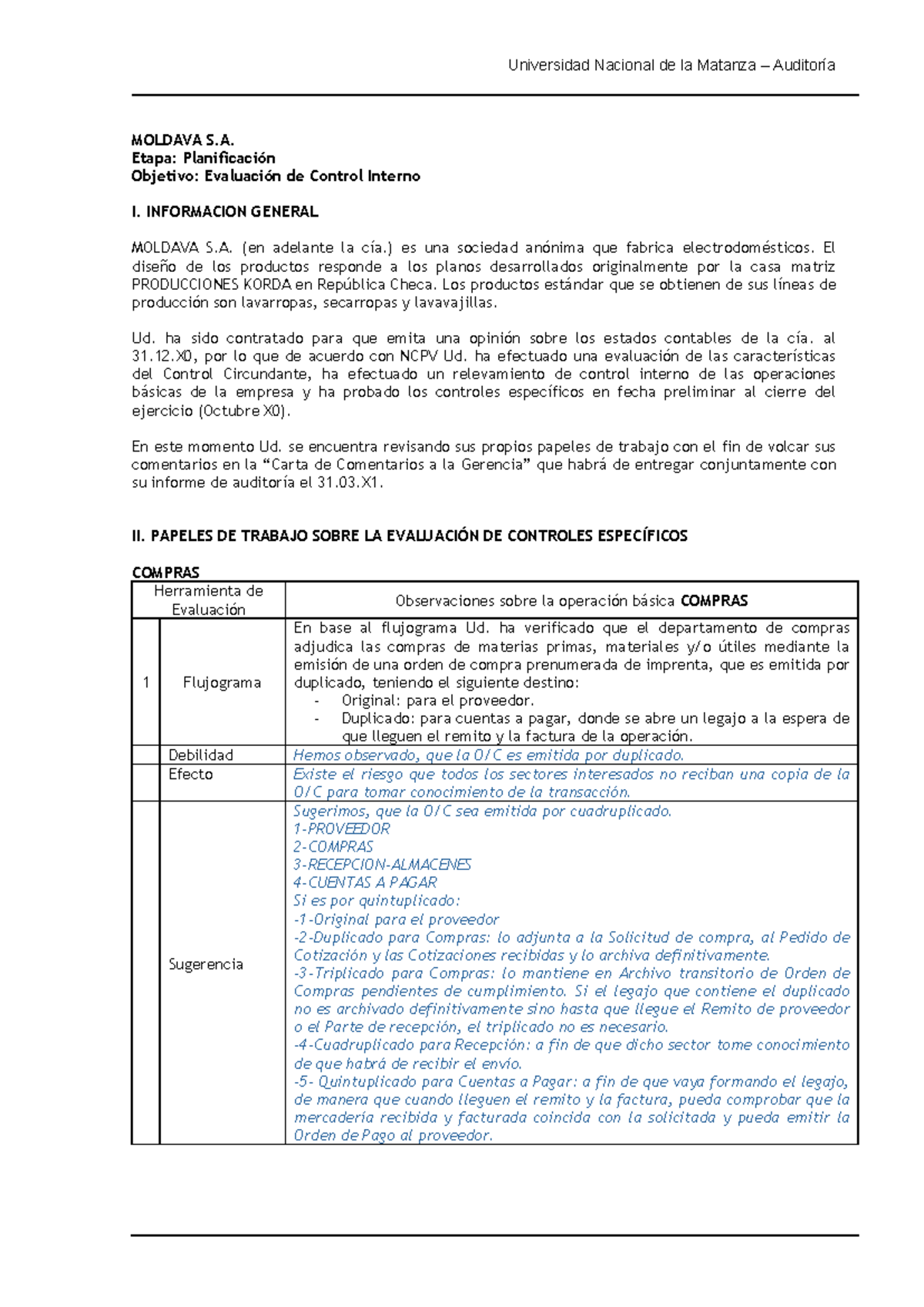 Auditoría de Control Interno en MOLDAVA S.A. - Clase 2 - U.N.M. - Studocu