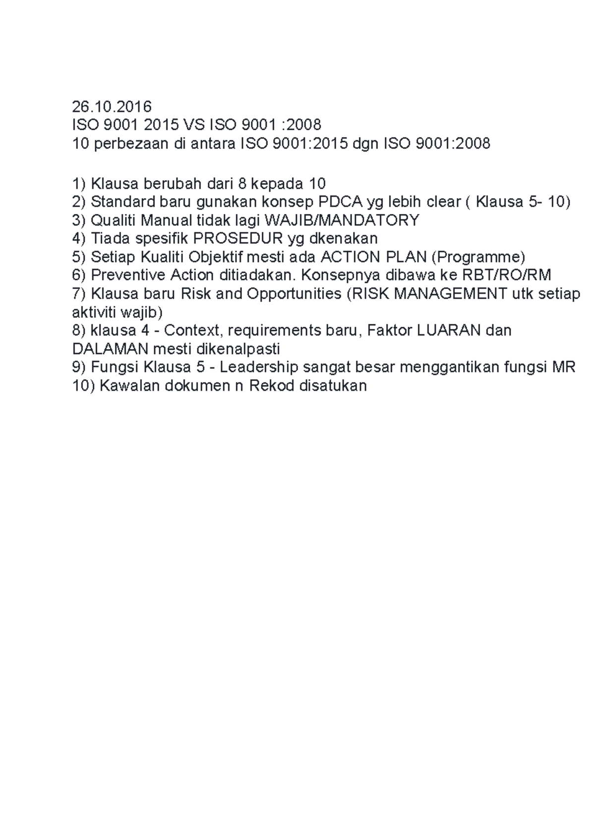 10 Perbezaan Utama Antara ISO 9001:2015 dan ISO 9001:2008 - Studocu