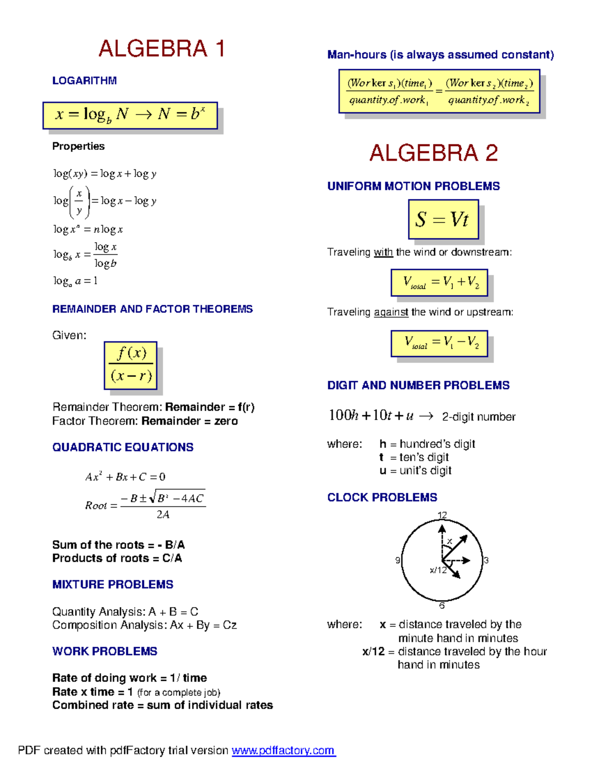 Mathematics Formula - ALGEBRA 1 LOGARITHM x b x = log N → N =b ...
