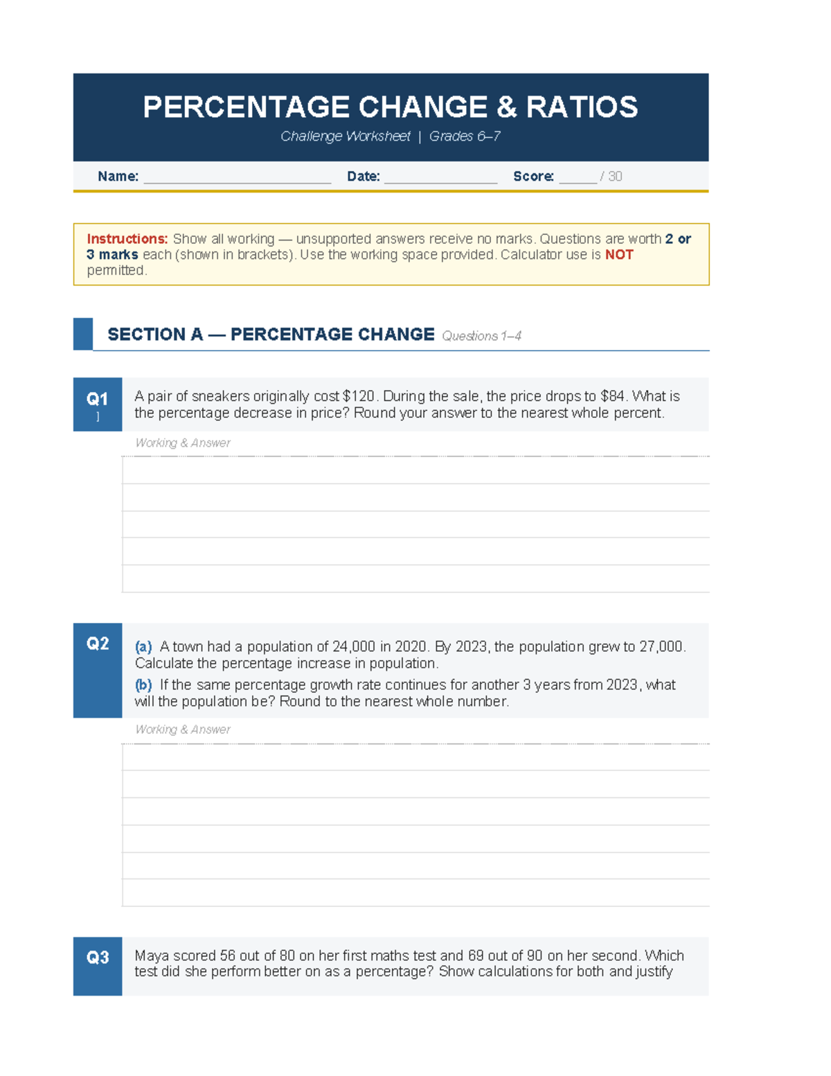Percentage Change & Ratio Challenge Worksheet - Studocu