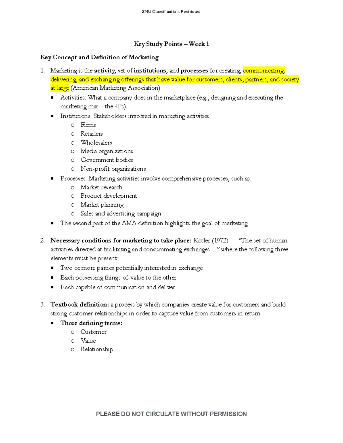 SMU Marketing 101: Key Study Points for Week 1 Concepts - Studocu