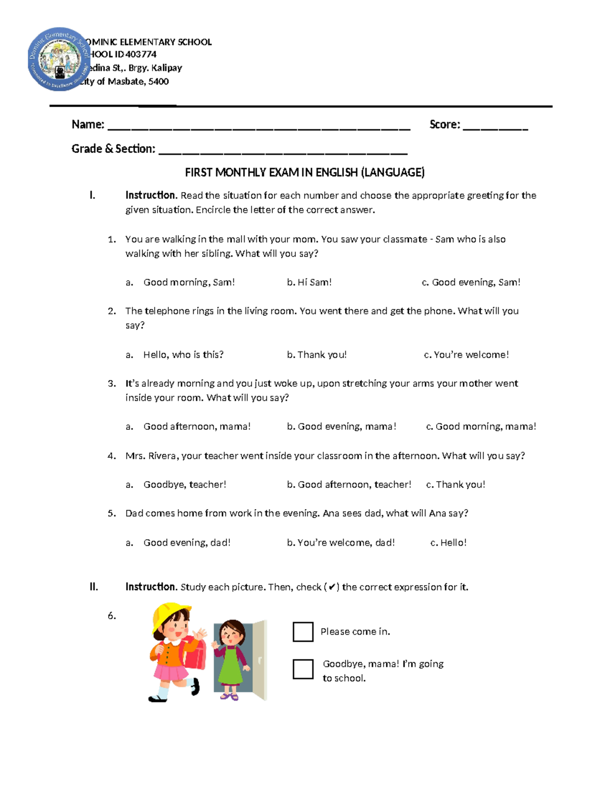 English 1 - 1st Monthly Exam Questions and Instructions - Studocu
