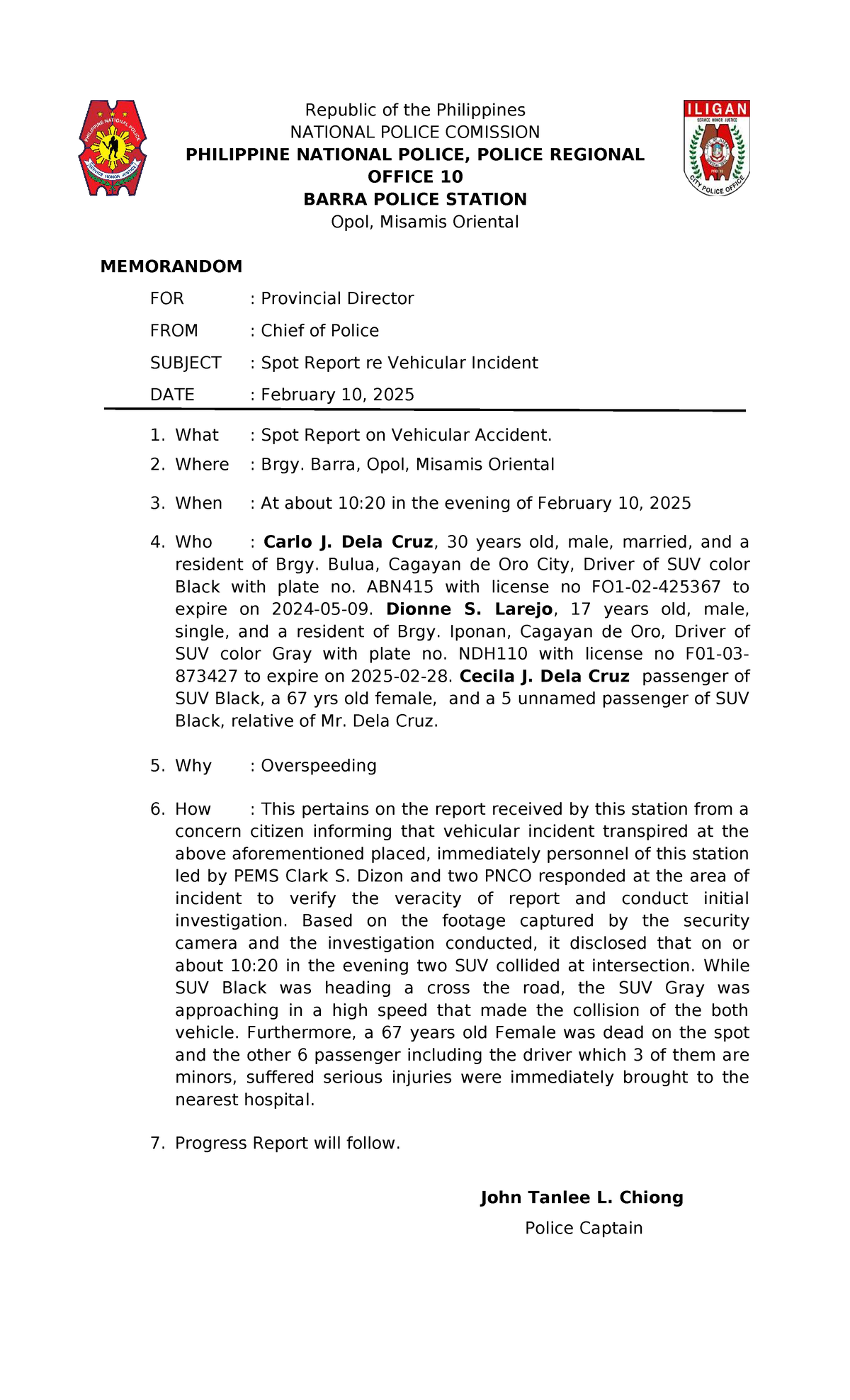 Spot Report on Vehicular Incident - PNP Opol, Misamis Oriental - Studocu