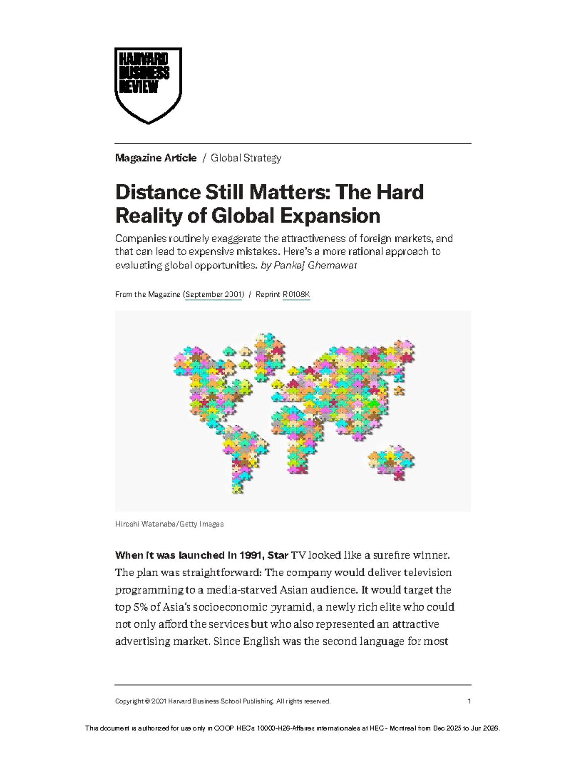 HBR Magazine Article: Distance Still Matters in Global Strategy - Studocu
