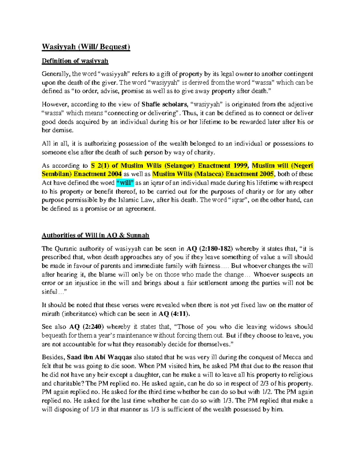 Wasiyyah (Bequest) in Islamic Law: Definition and Conditions - Studocu