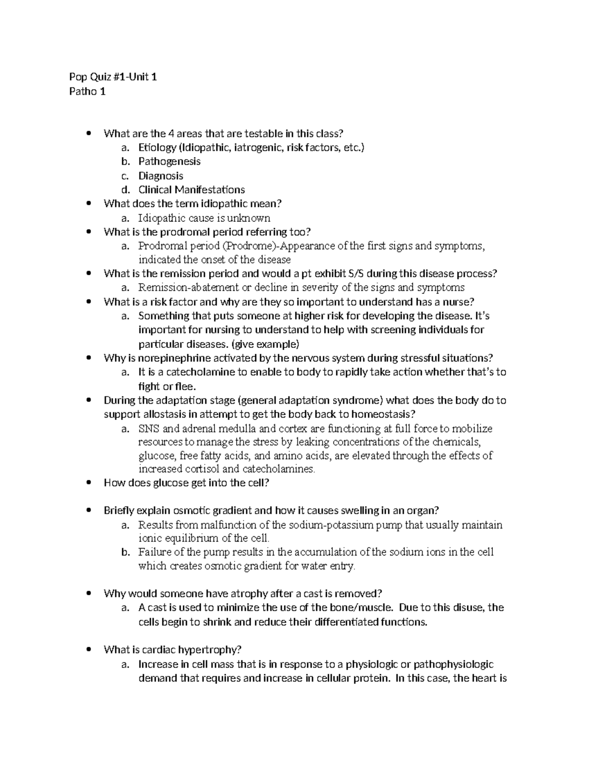 Pop Quiz 1: Patho 1 Unit 1 Review Questions and Key Concepts - Studocu