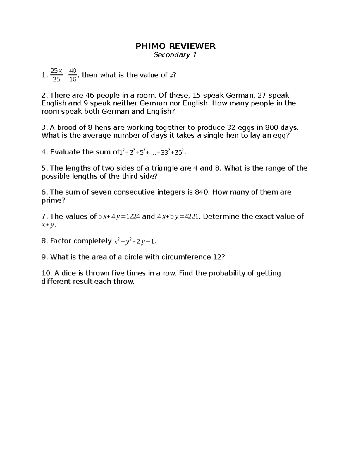 Phimo Review Session 1: Math Problems & Solutions - Studocu