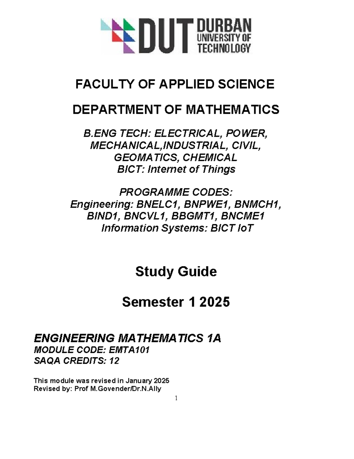 Study Guide for Engineering Mathematics 1A (EMTA101) - Semester 1, 2025 ...