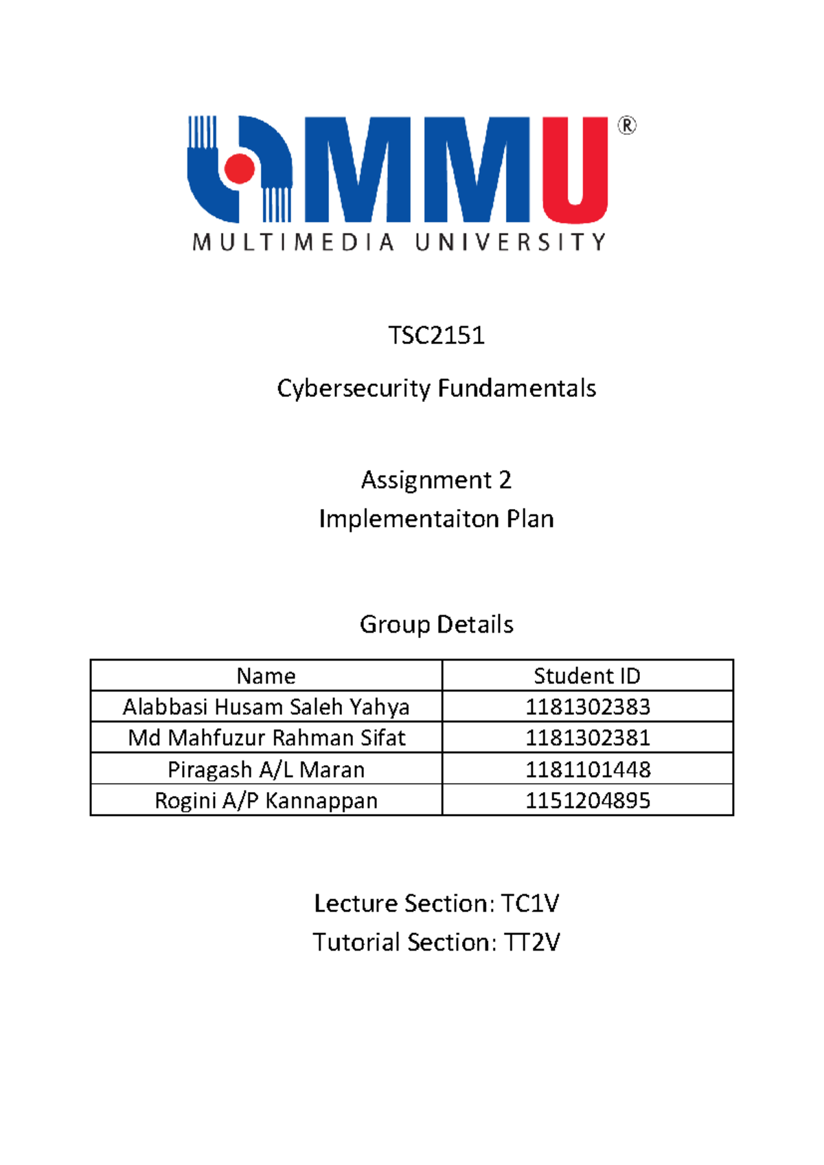 TSC2151 - Cybersecurity Fundamentals - Assignment 2 Implementation Plan ...