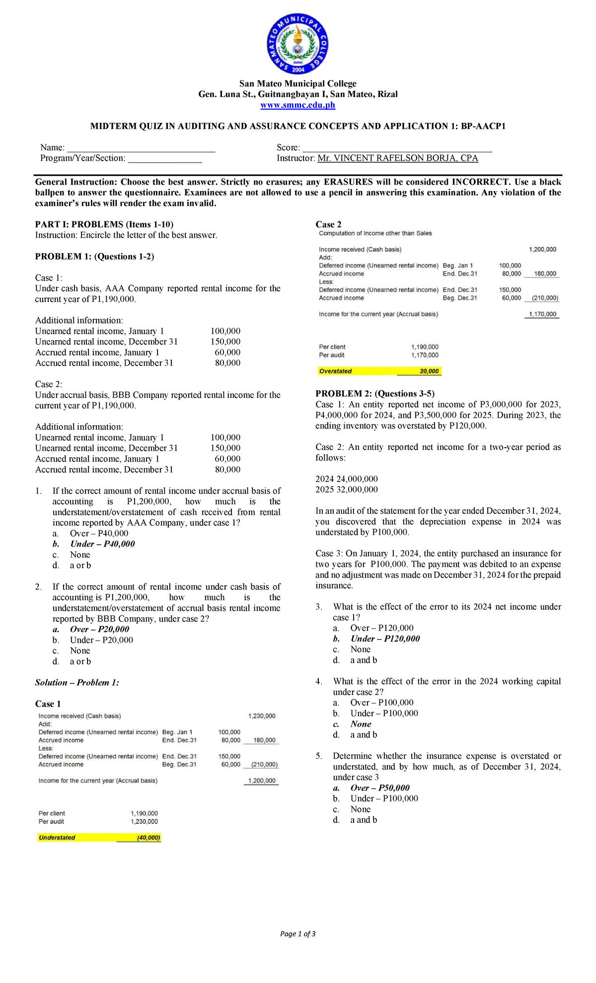MIDTERM QUIZ ANSWER KEY FOR AUDITING AND ASSURANCE CONCEPTS 1 - Studocu