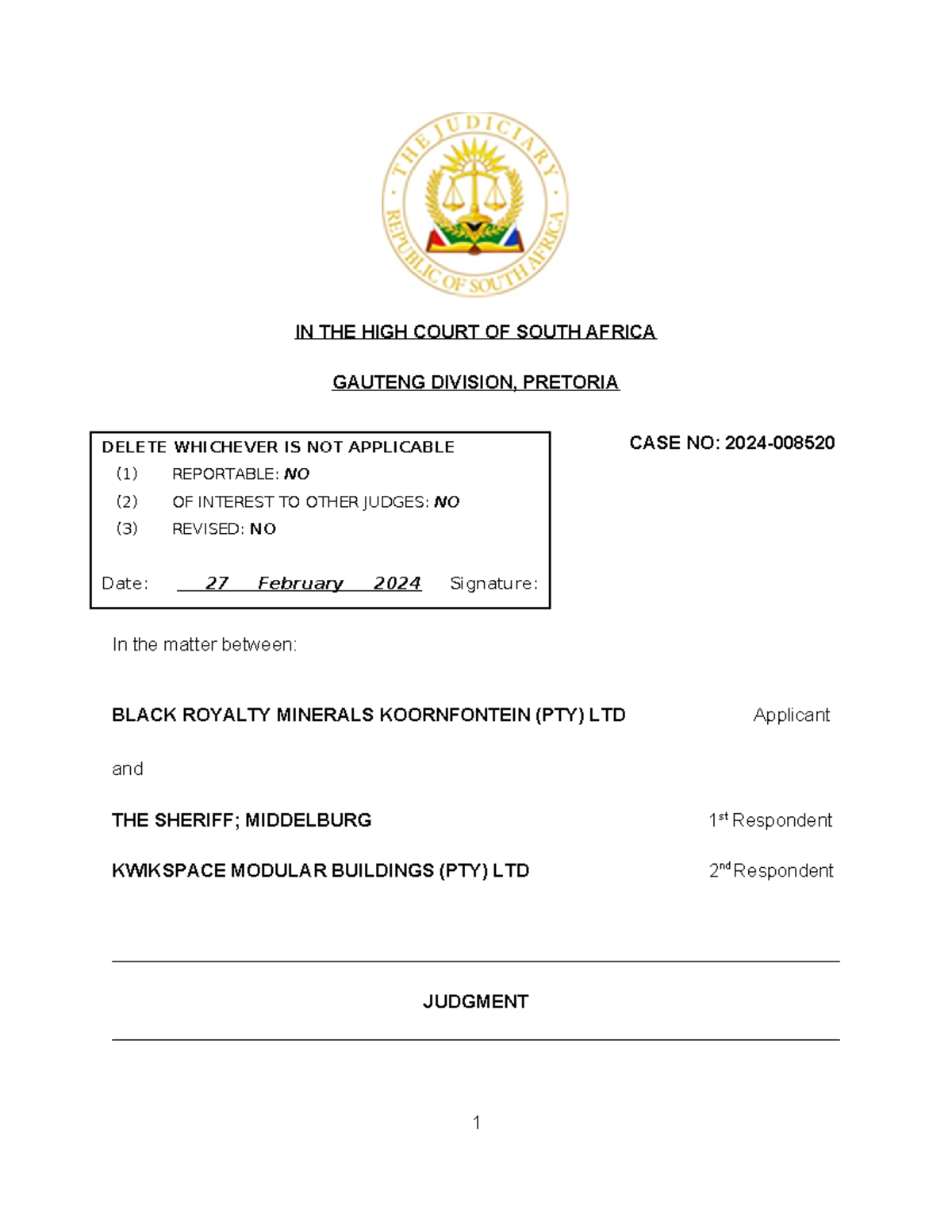 Black Royalty Minerals Koornfontein (Pty) Ltd v Sheriff of Middelburg ...