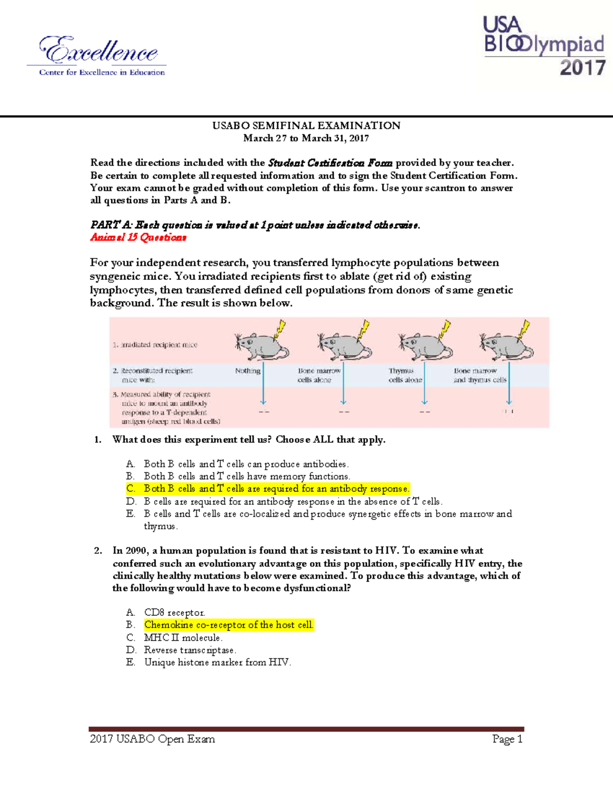 USABO 2017 Semifinal Exam Key and Directions - Studocu