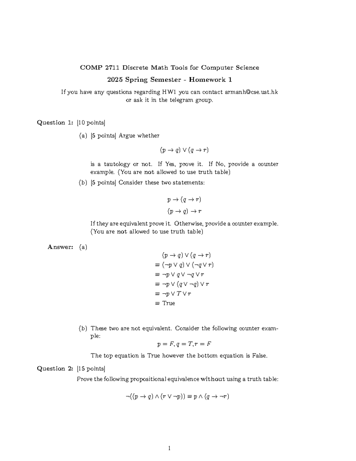 COMP 2711 Discrete Math Homework 1 - Spring 2025 Solutions - Studocu