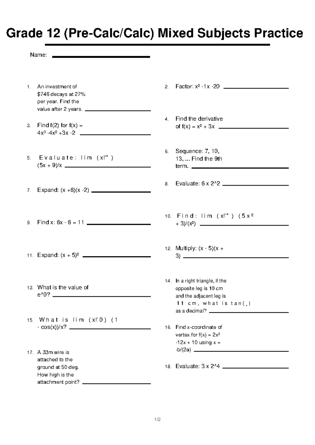 Grade 12 (Calc) Mixed Subjects Practice Problems - Studocu