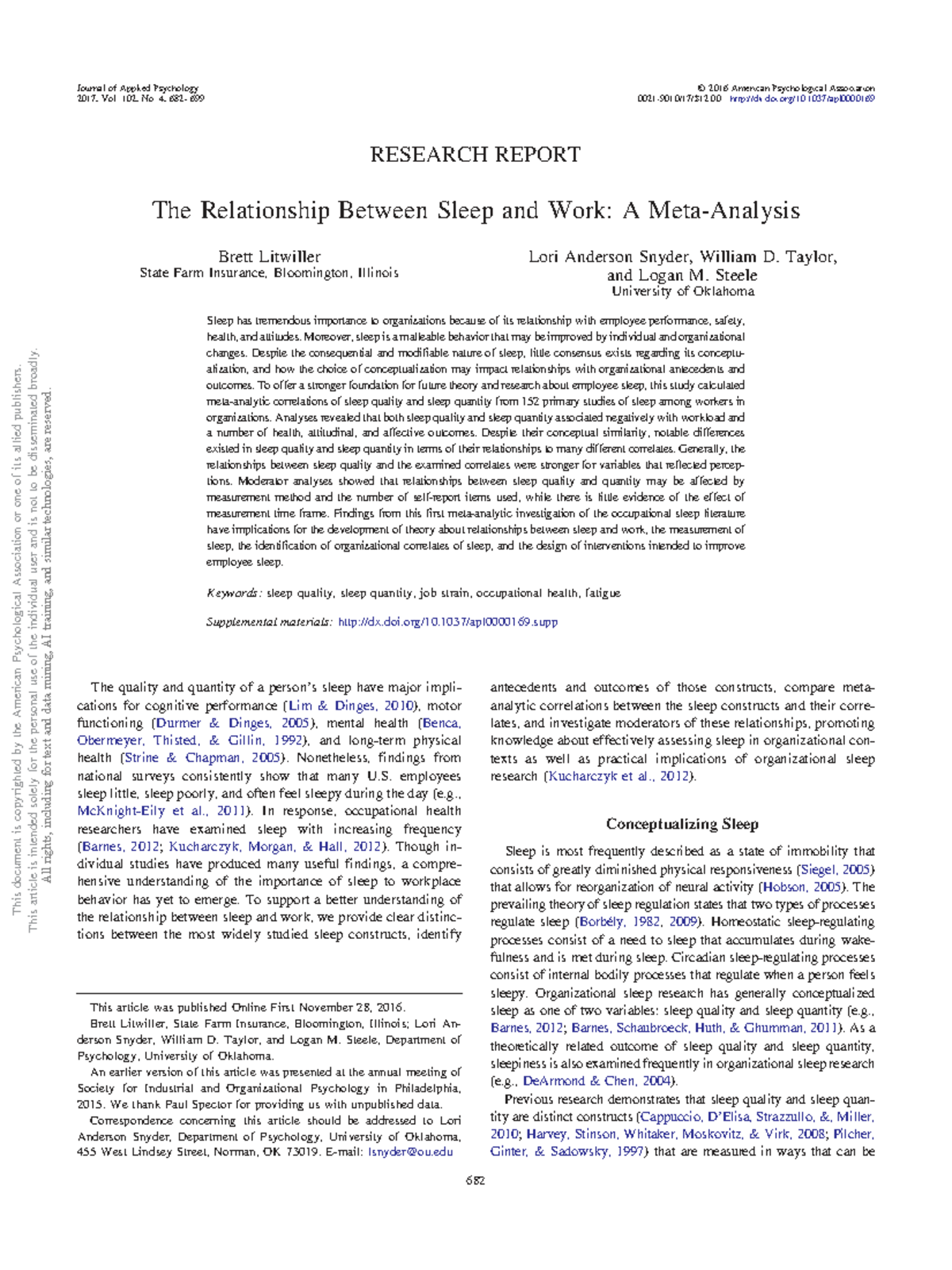 The Relationship Between Sleep and Work: A Meta-Analysis (PSY 2017 ...