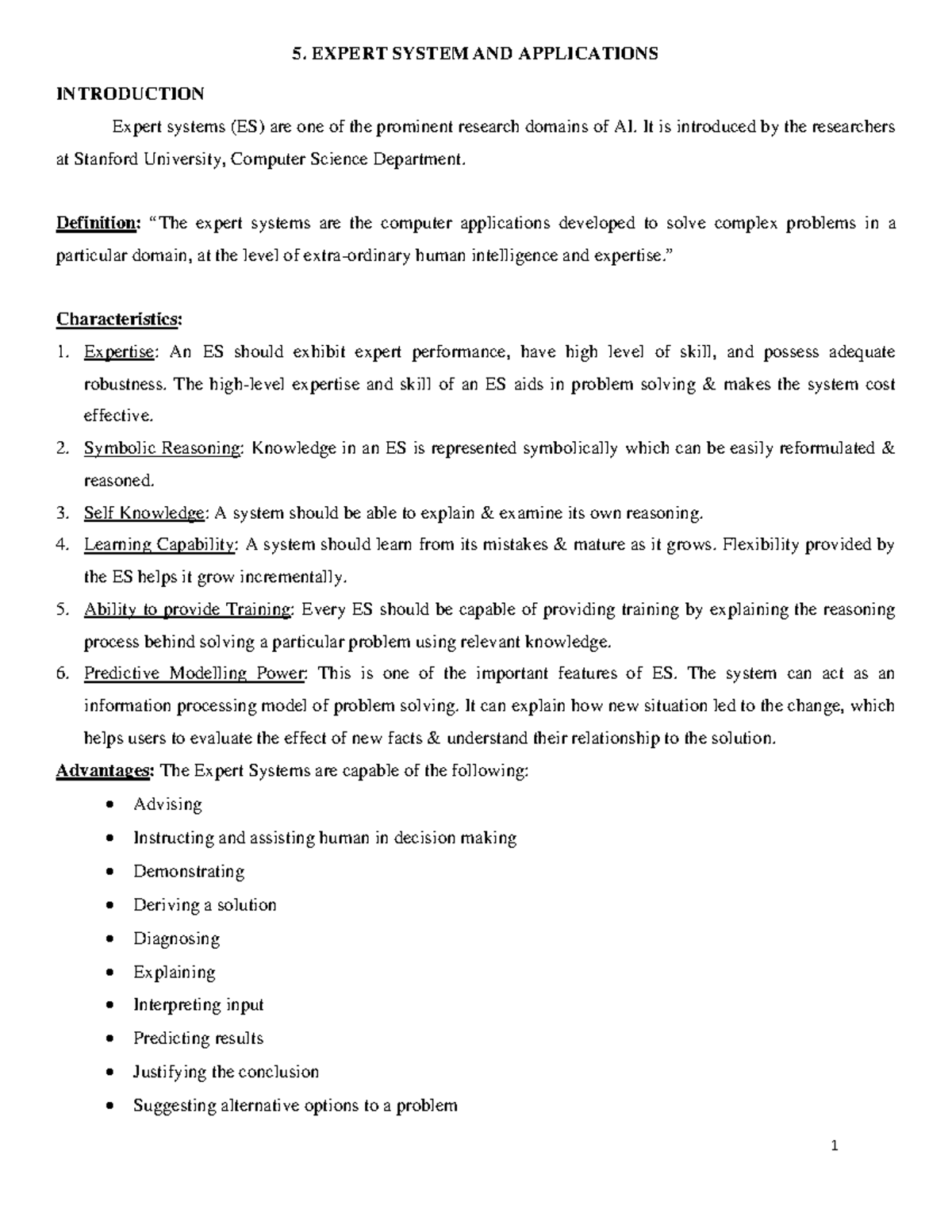 AI-Unit-5 - Expert Systems Lecture Notes and Applications - Studocu