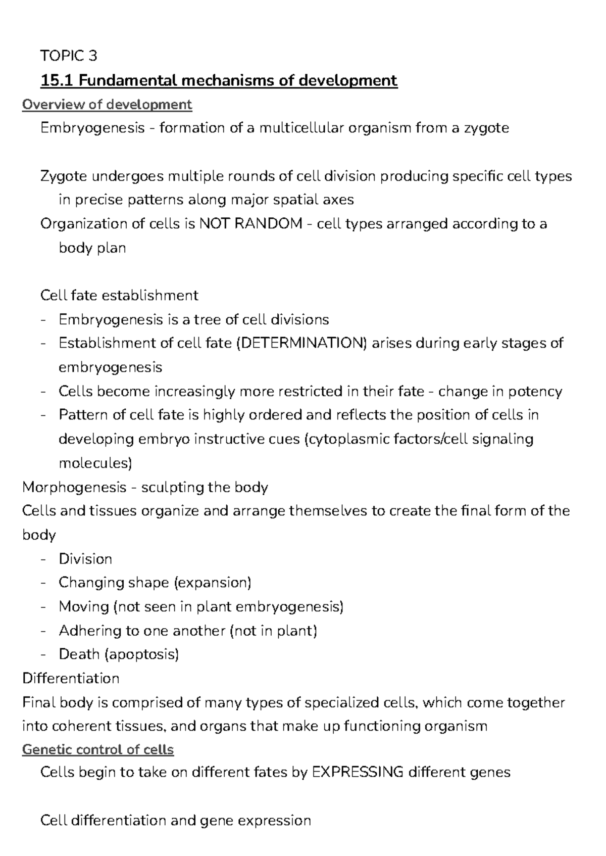 3 BIOL10008 Topic 3: Mechanisms of Development and Morphogenesis - Studocu