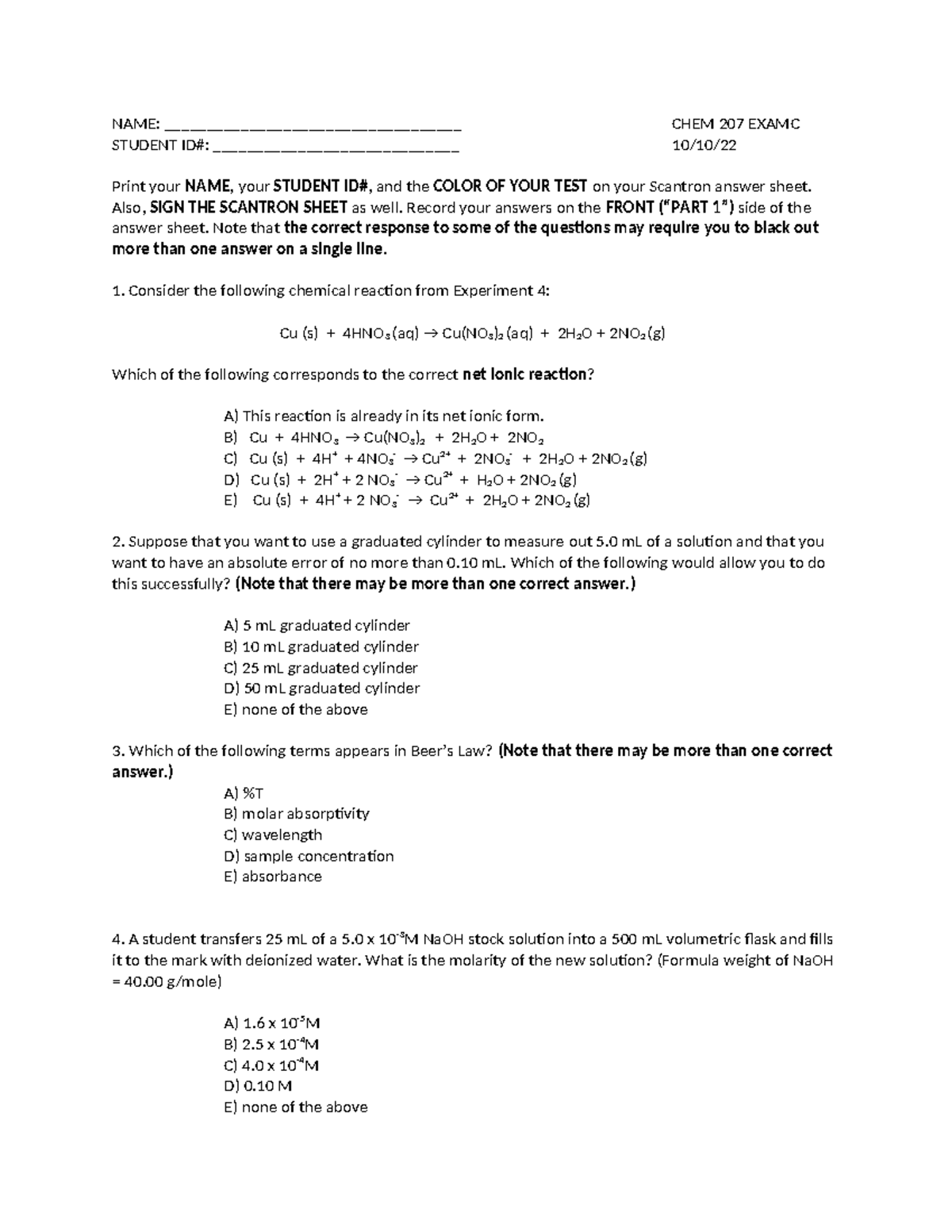 Final Exam Study Guide for Chem 207 Lab - Studocu