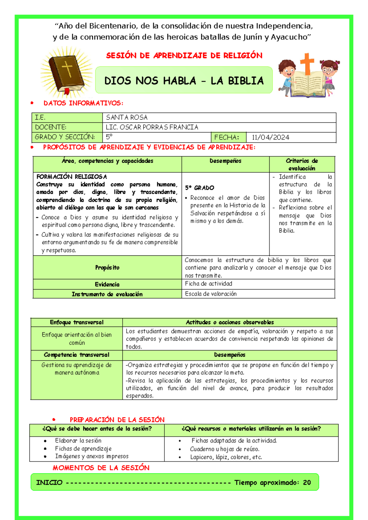 Sesión de aprendizaje de religión: Dios nos habla en la Biblia - Document Preview