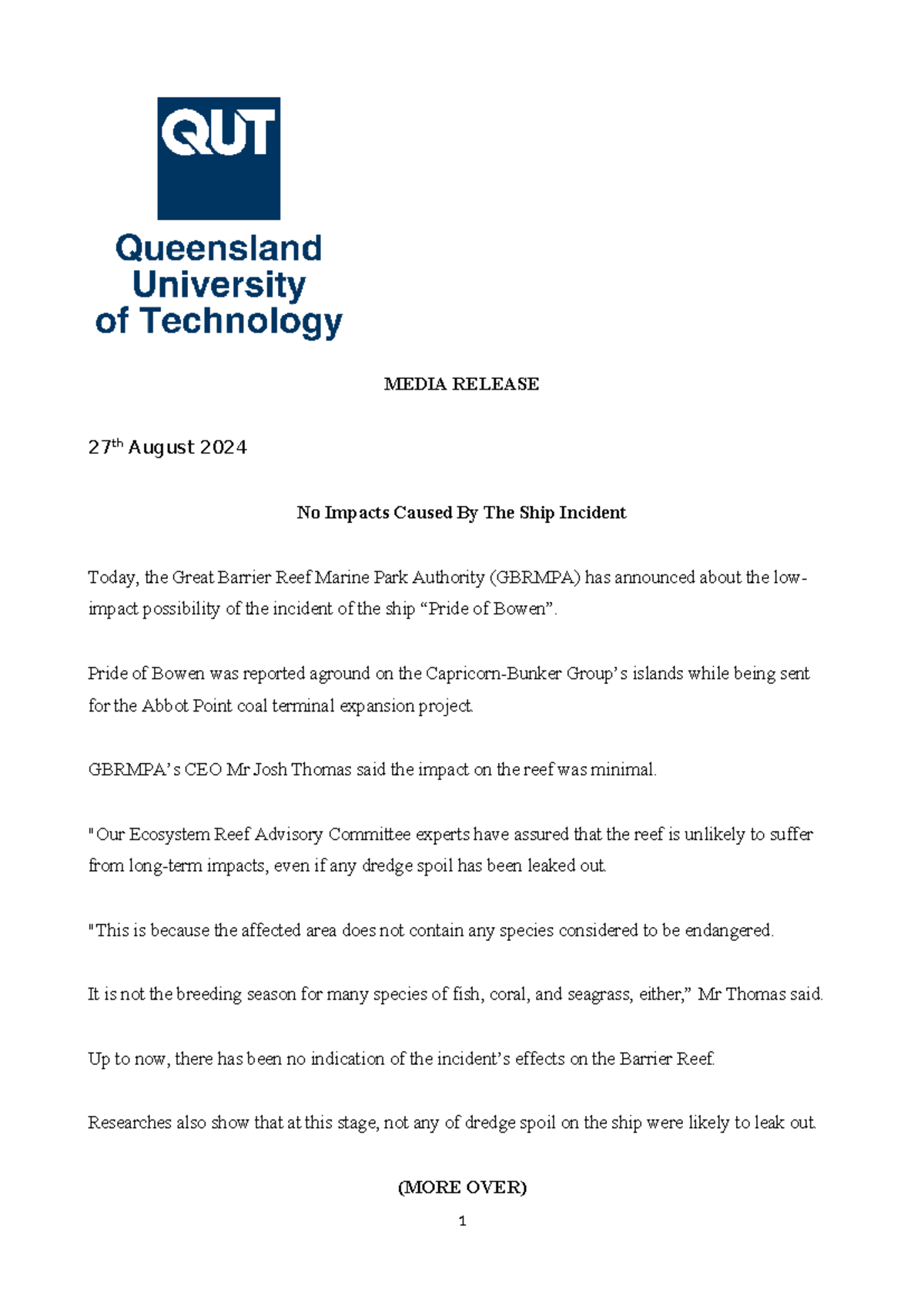 Media Release (W6) - study - MEDIA RELEASE 27 th August 2024 No Impacts ...