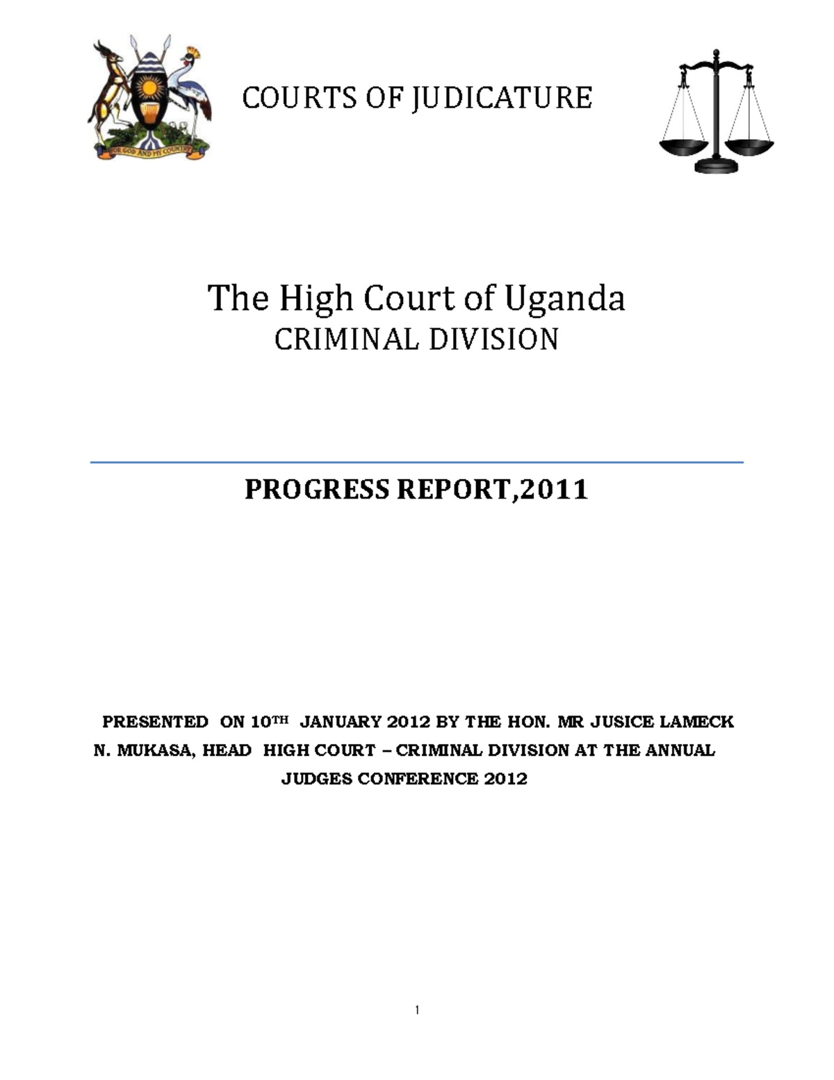 Court Of Uganda Criminal Division Progress Report 2011 Studocu