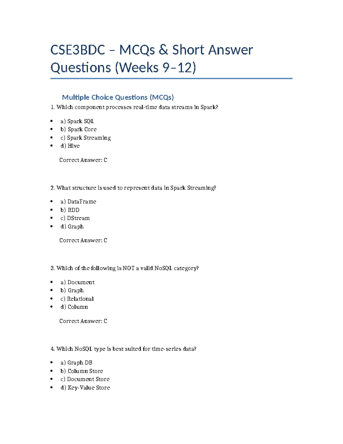 CSE3BDC Final Exam Prep: 100 MCQs & 20 Short Answer Questions - Studocu