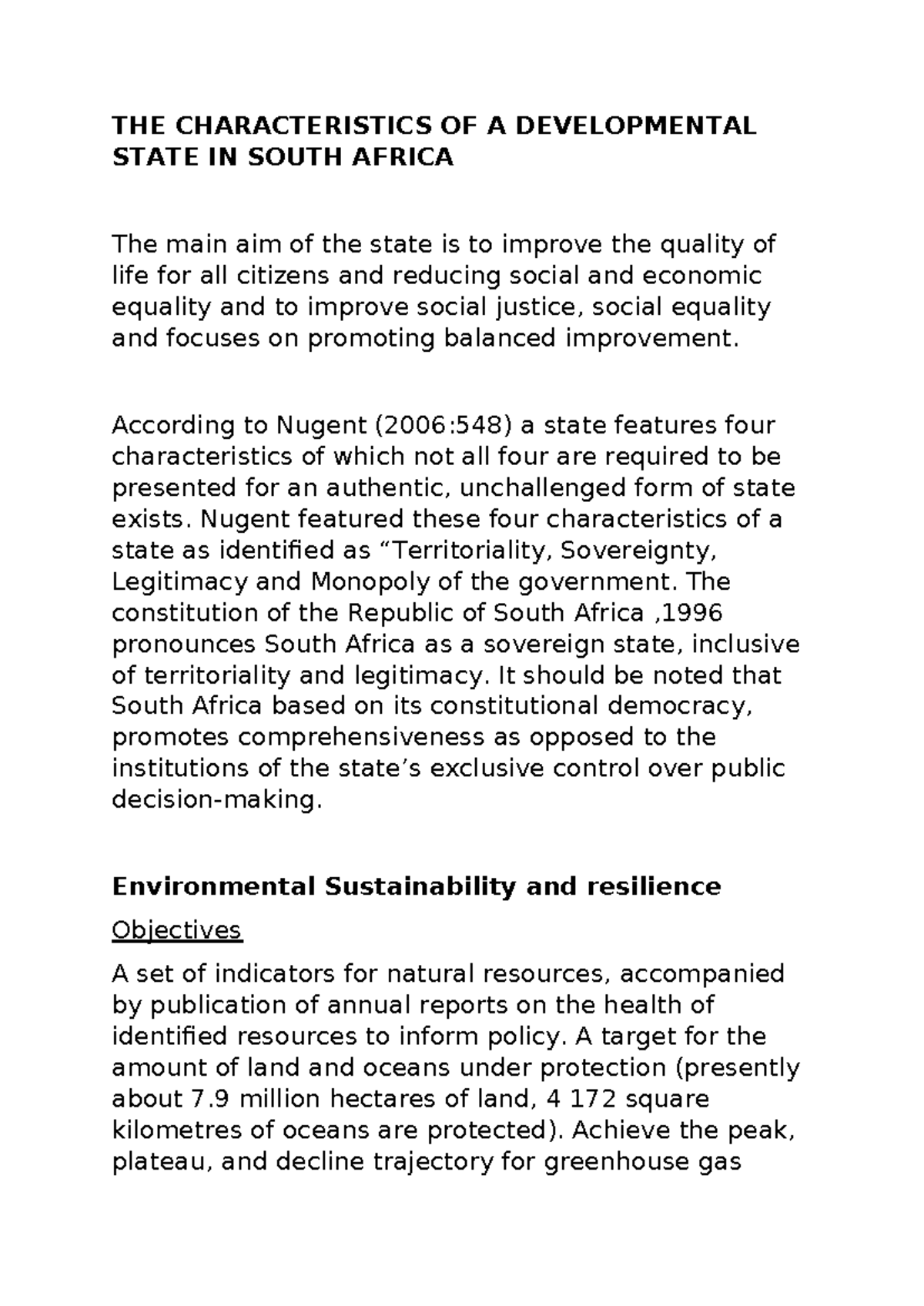 Characteristics of a Developmental State in South Africa (PADM) - Studocu