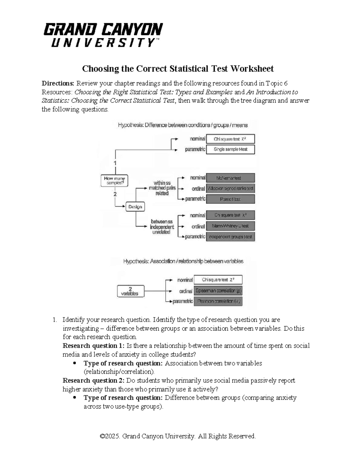 PSY 452 RS T6 Choosing the Appropriate Statistical Test Worksheet - Studocu