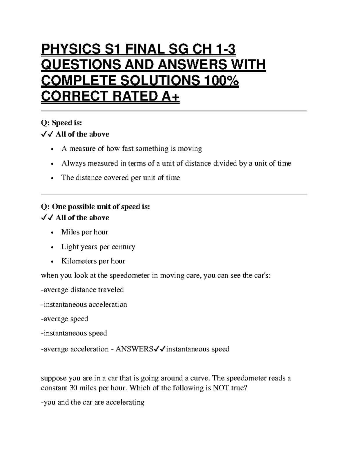 Physics S1 Final Exam Study Guide: Chapter 1-3 Q&A with Solutions - Studocu
