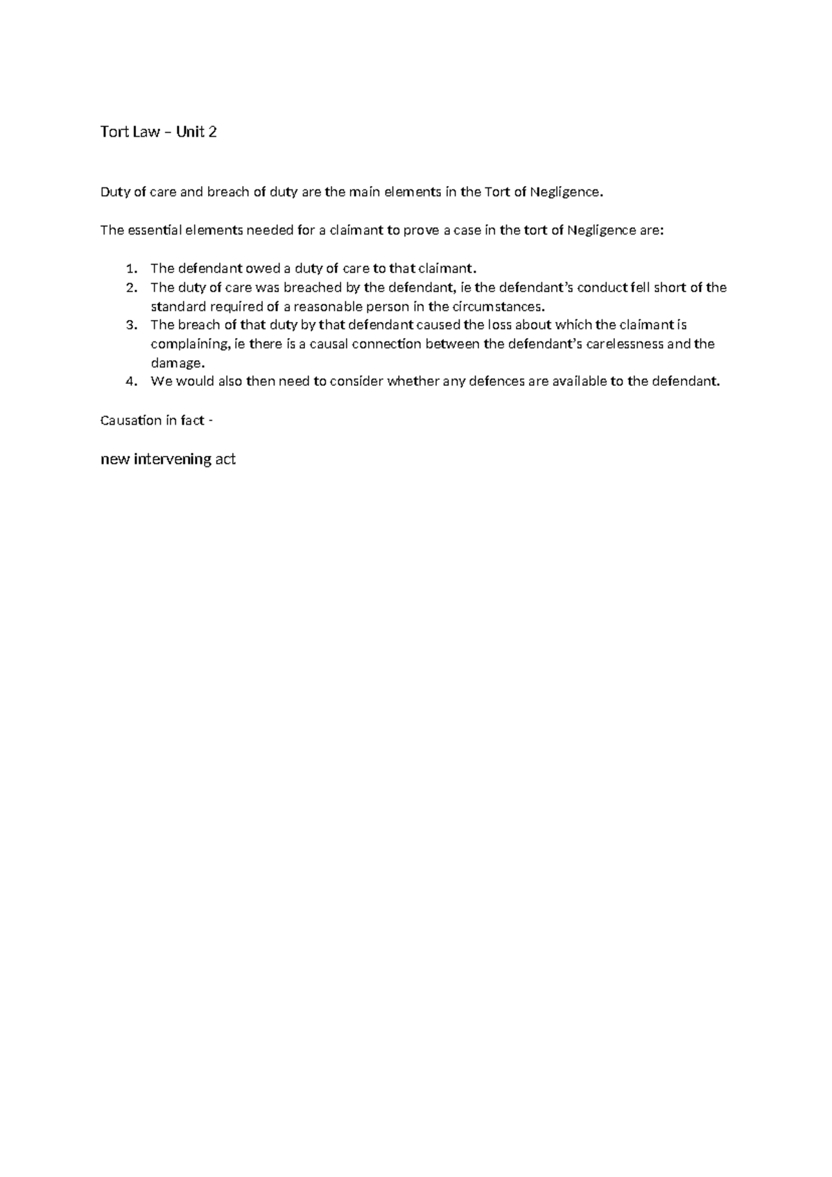 Tort Law - Unit 2: Duty of Care and Breach of Duty Explained - Studocu