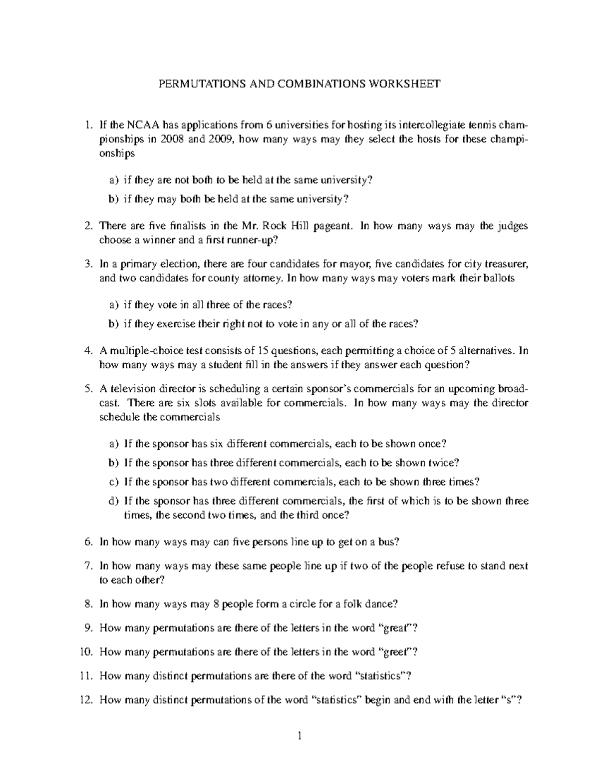 Permutations and Combinations Worksheet CTQR 150 - Studocu