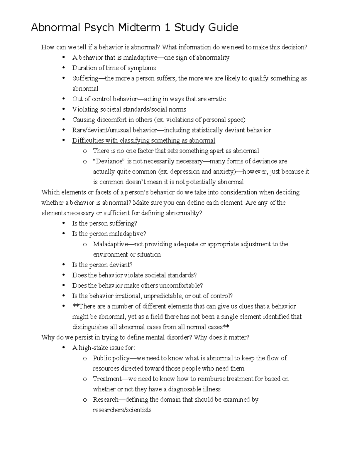 Abnormal Psych Midterm 1 Study Guide (PSYC 162) - Studocu