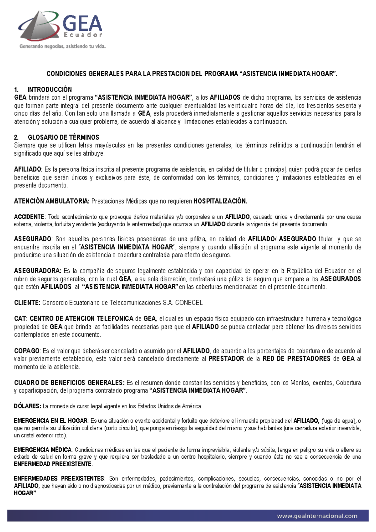 Condiciones Generales del Programa INMEDIATA - Asistencia Hogar - Studocu